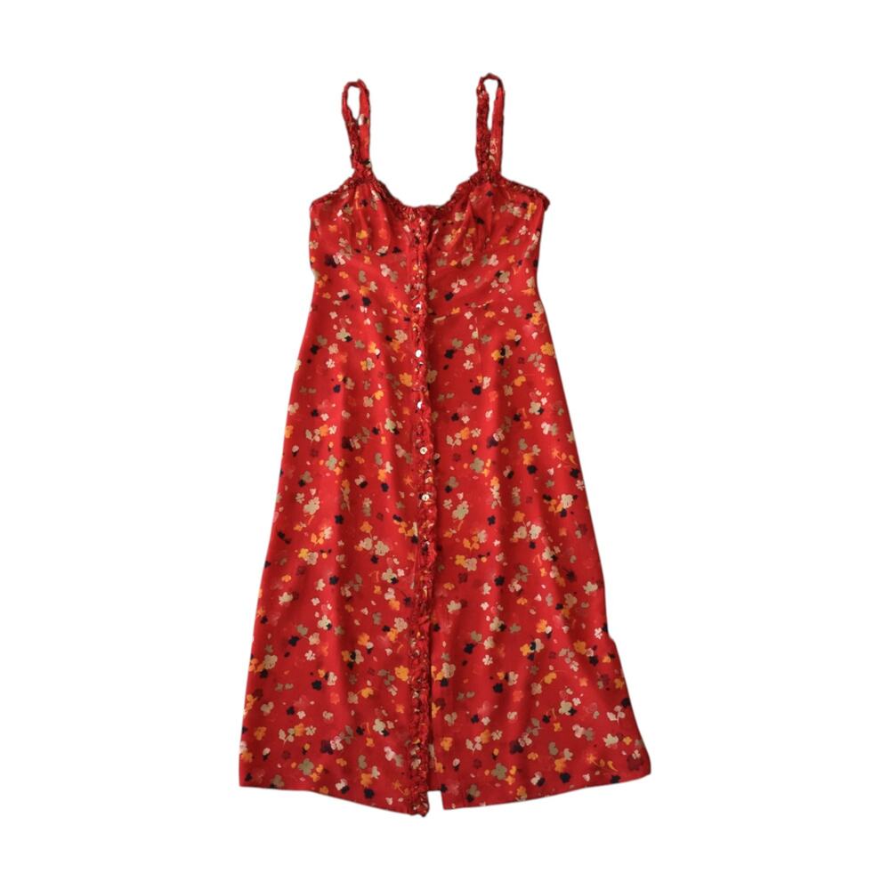 Réalisation Par Red Silk Floral Sleeveless Midi Dress Size Small